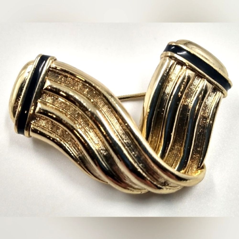 Helena Rubenstein Gold w/ Black Enamel Art Deco Brooch Pendant Jewelry Vintage